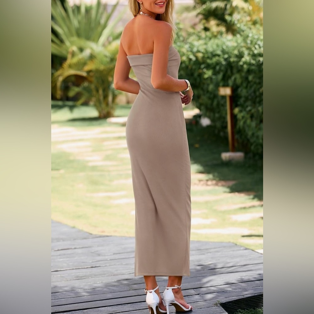 Khaki Tube Strapless Bodycon Dress NWT - Picture 3 of 7